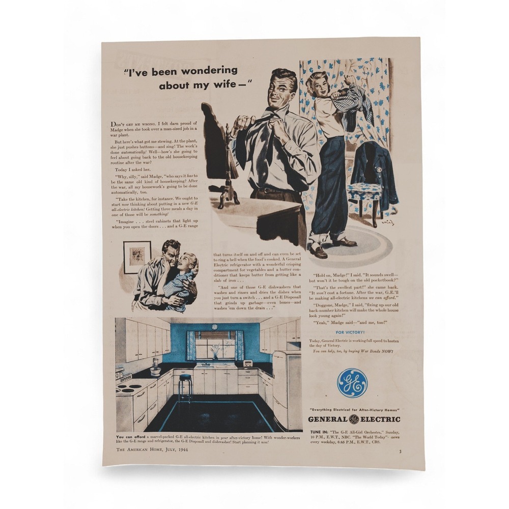 1944 General Electric Kitchen "I've Been‎ Wondering About My Wife" Vtg Print Ad